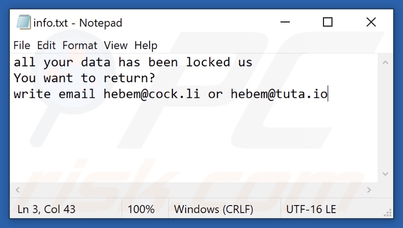 Screenshot del file di testo del ransomware HBM (