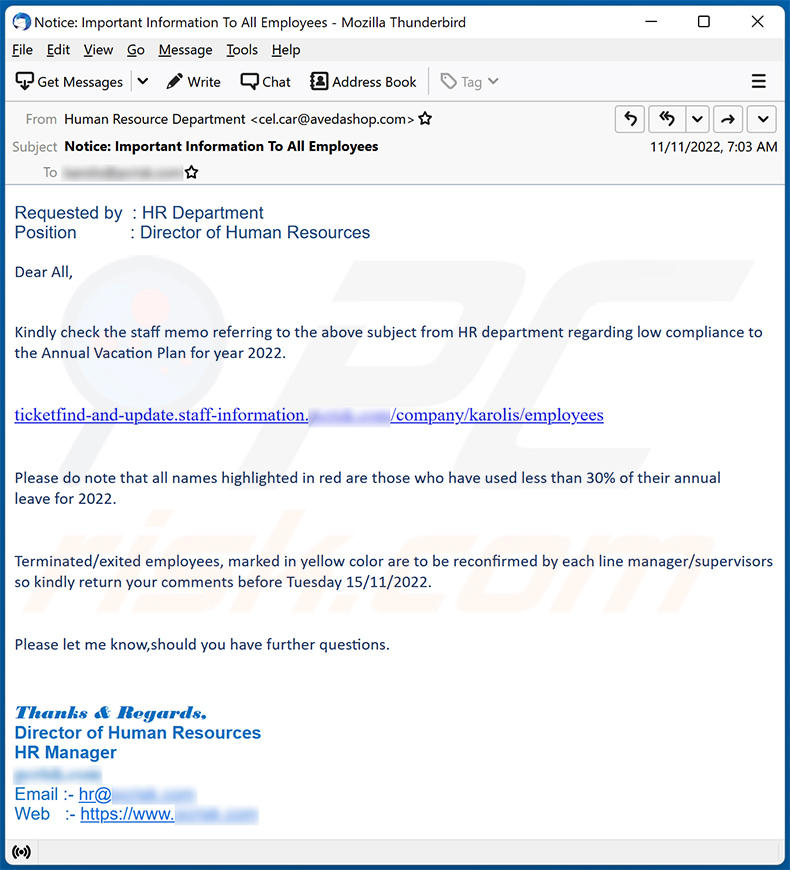 Un altro esempio di email di spam a tema HR (Human Resources) che promuove un sito di phishing: (2022-11-15)