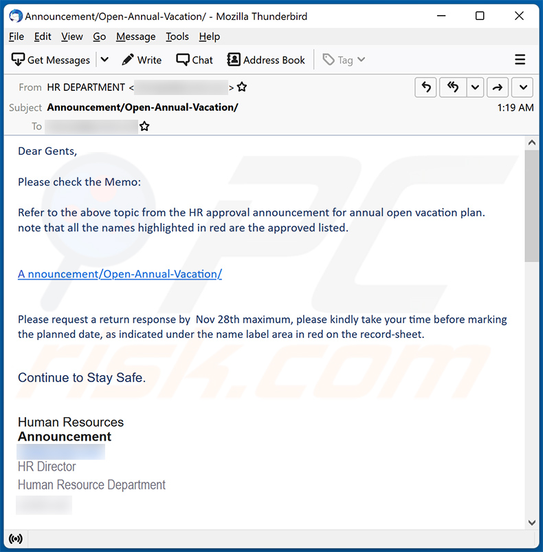 Ancora un altro esempio di email di spam a tema HR (Human Resources) che promuove un sito di phishing: (2022-11-25)