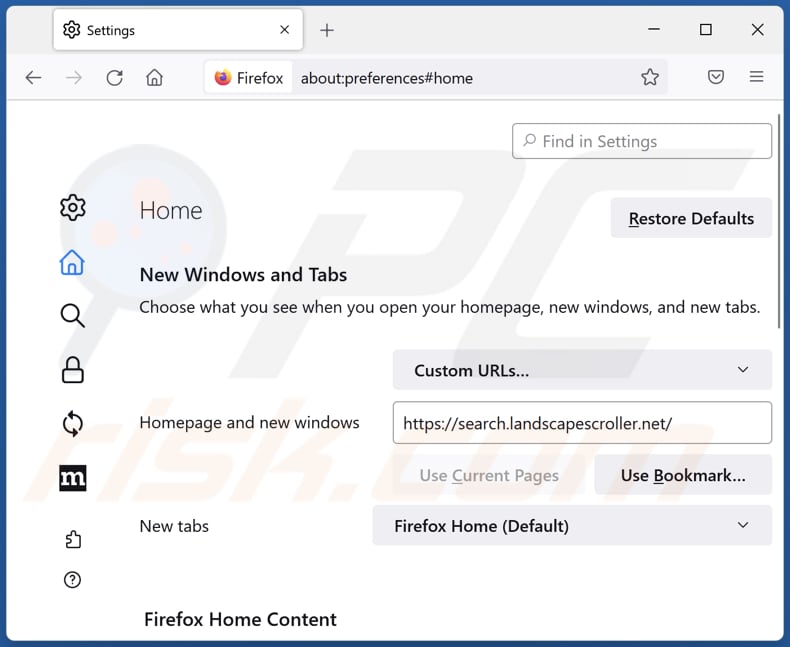 Rimozione di search.landscapescroller.net dalla home page di Mozilla Firefox