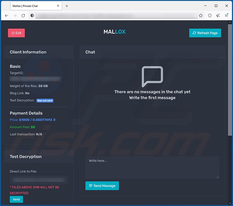 Aspetto del sito Web Tor di Mallox ransomware utilizzato per contattare i criminali informatici