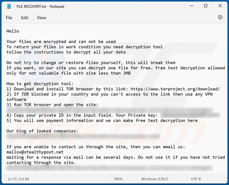 Screenshot di una richiesta di riscatto rilasciata da un'altra variante di Mallox ransomware (FILE RECOVERY.txt)