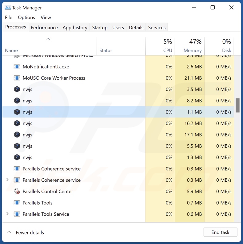 Processo dell'adware movies su Task Manager (nwjs - nome del processo)