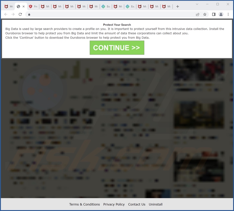 Screenshot di un sito Web ingannevole utilizzato per promuovere il browser Ouroboros