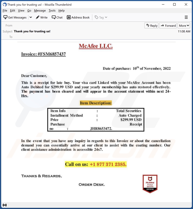 Payment For McAfee Subscription scam email variante 2