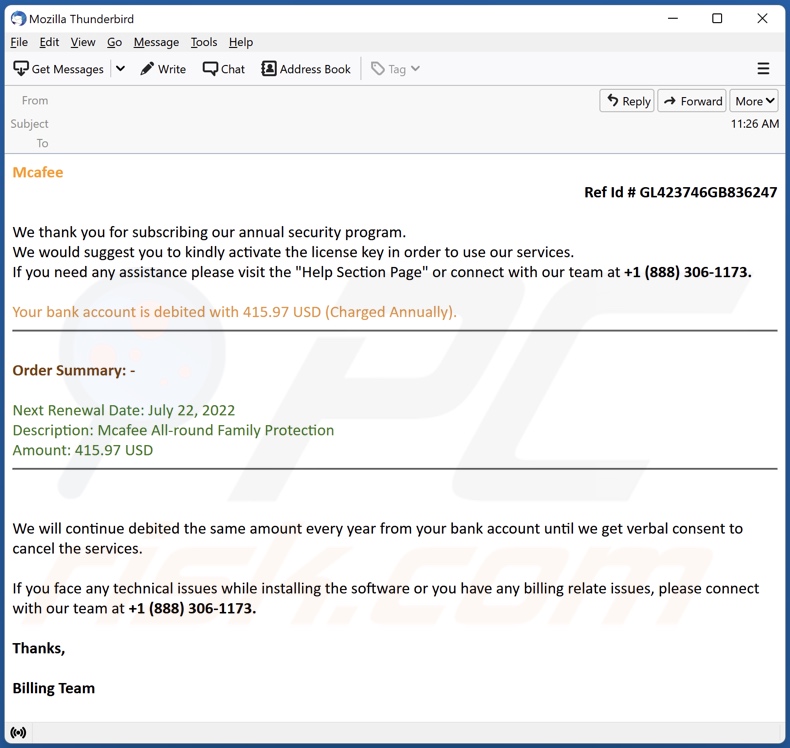 Payment For McAfee Subscription scam email variante 3