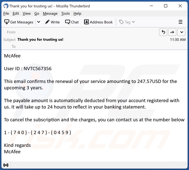 Payment For McAfee Subscription scam email variante 4