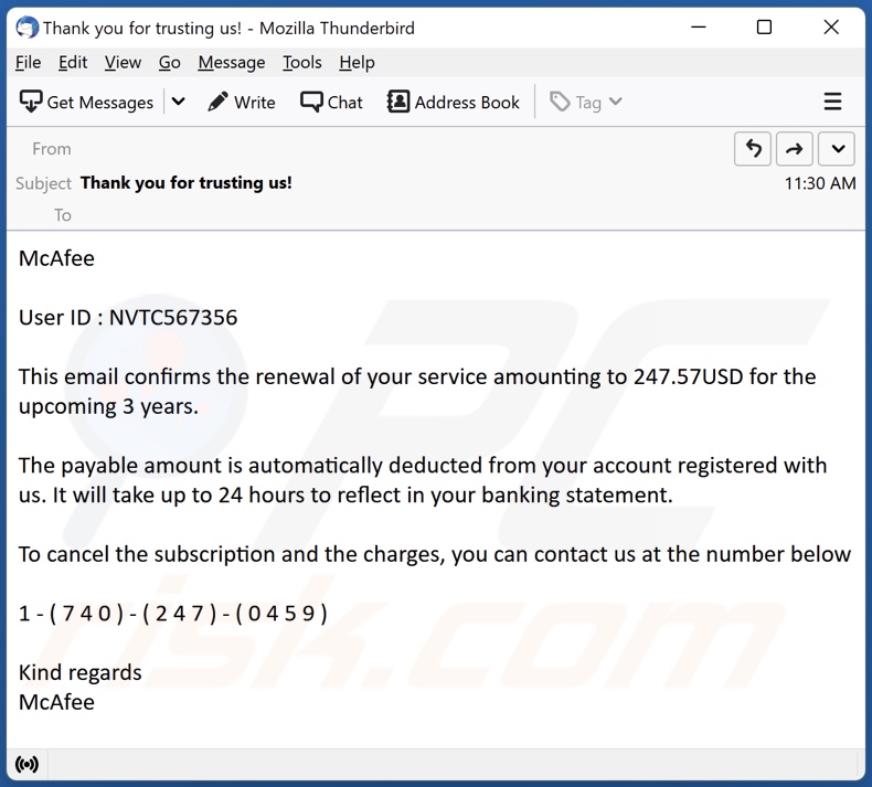 Payment For McAfee Subscription scam email variante 4