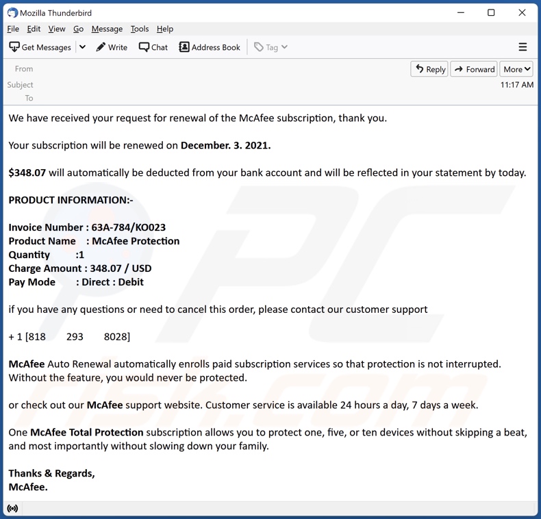 Payment For McAfee Subscription scam email variante 5