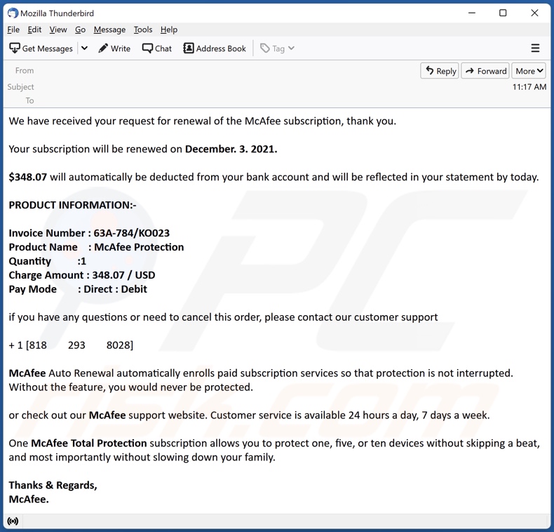 Payment For McAfee Subscription scam email variante 5