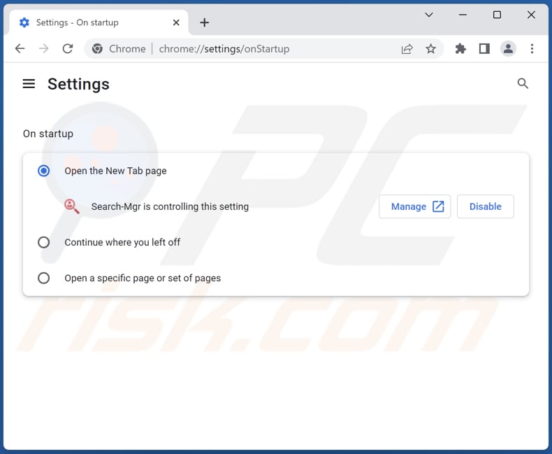 Rimozione di searchmgr.online dalla home page di Google Chrome