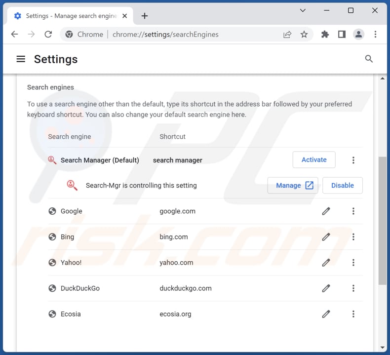 Rimozione di searchmgr.online dal motore di ricerca predefinito di Google Chrome