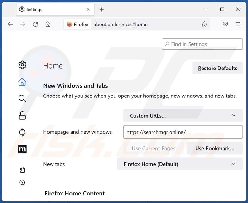 Rimozione di searchmgr.online dalla home page di Mozilla Firefox