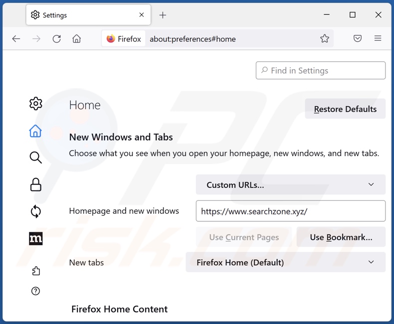 Rimozione di searchzone.xyz dalla home page di Mozilla Firefox