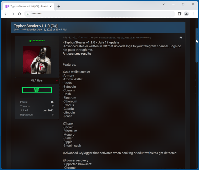 Aspetto del ladro di Typhon promosso sui forum degli hacker (GIF)