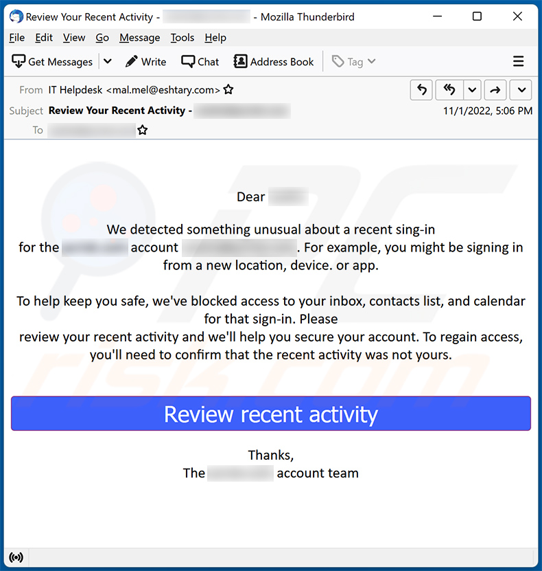 Un altro esempio di email spam a tema unusual sign-in activity che promuove un sito di phishing (2022-11-04)