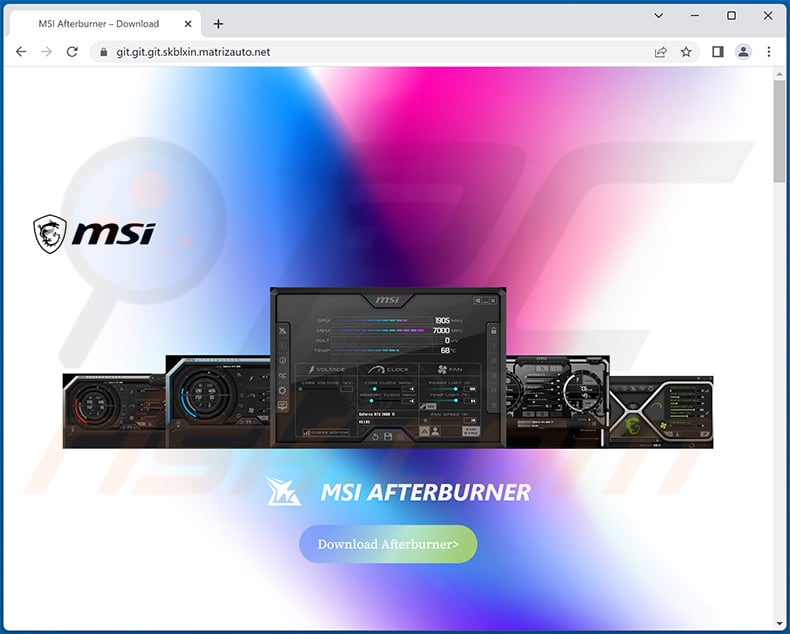 Screenshot di un falso sito MSI Afterburner progettato per scaricare malware di criptovalute