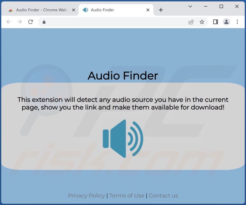 Schermata del sito web promozionale dell'adware Audio Finder