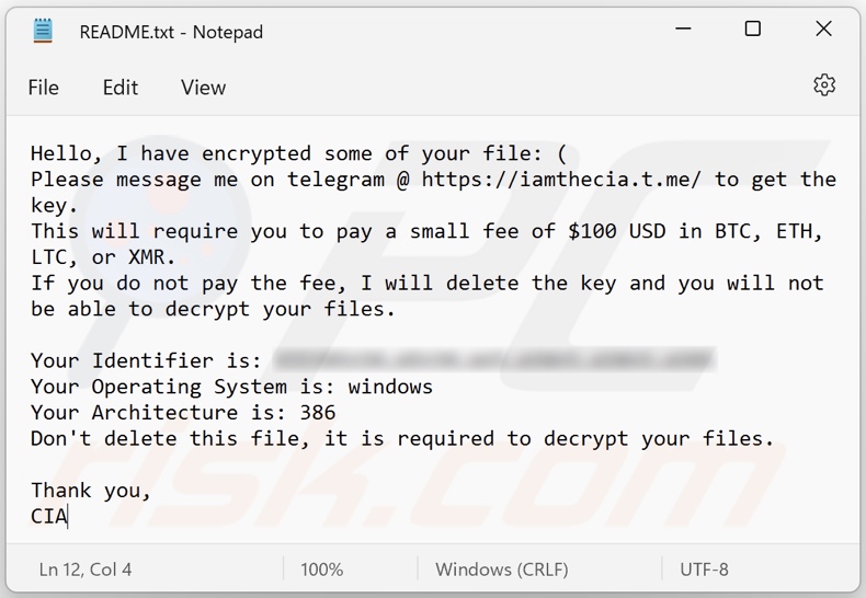 Screenshot del file di testo creato da un'altra variante del ransomware CIA (
