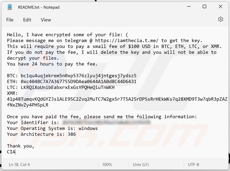 Schermata del file di testo del ransomware CIA (