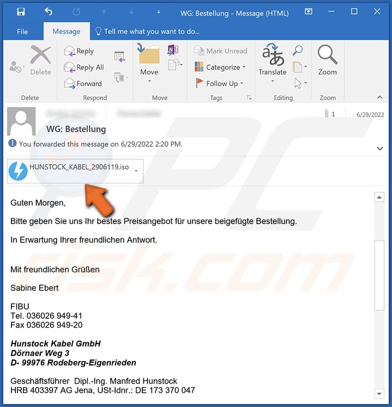 Email contenente allegati dannosi (file ISO) utilizzati per distribuire DarkTortilla