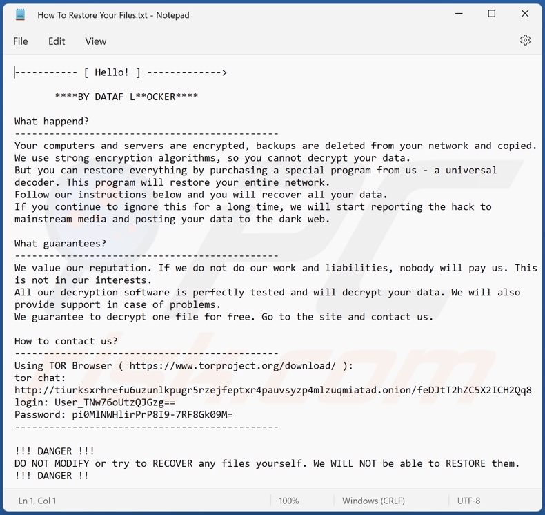 Schermata del file di testo del ransomware DATAF LOCKER (