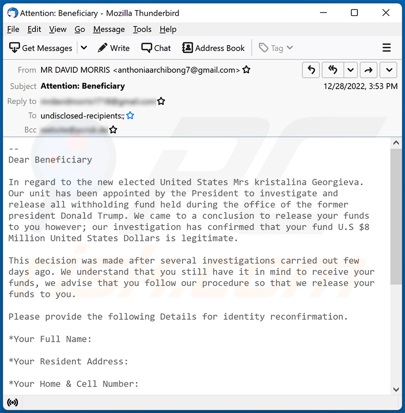 Email di spam a tema di rilascio di fondi (2022-12-29)
