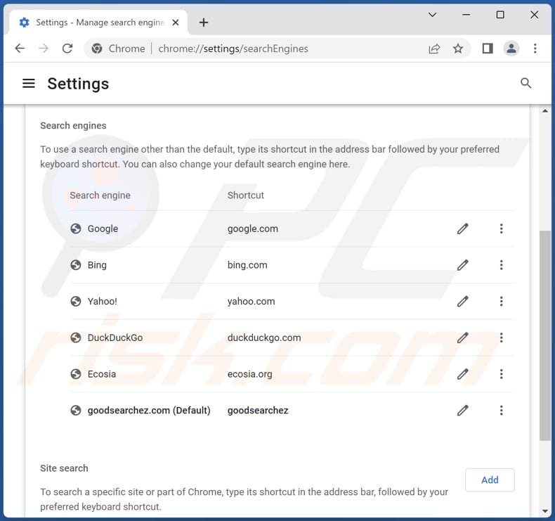 Rimozione di goodsearchez.com dal motore di ricerca predefinito di Google Chrome