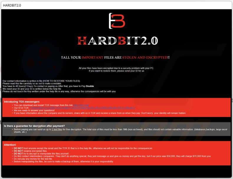 Screenshot della nota di riscatto di HARDBIT 2.0 (