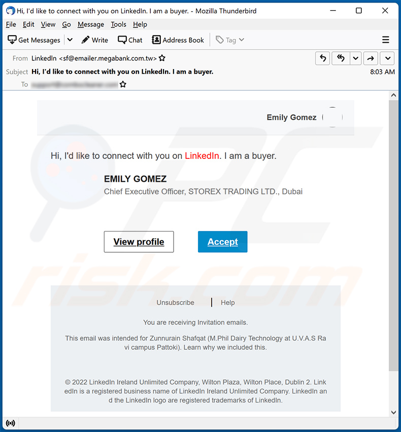 Ancora un altro esempio di e-mail di spam a tema LinkedIn che promuove un sito di phishing (2022-12-06)