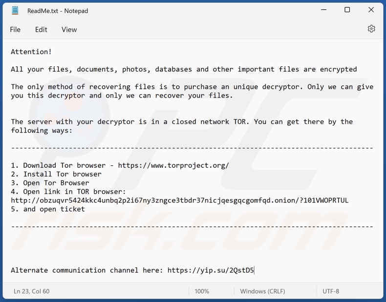 Schermata del file di testo del ransomware OBZ (