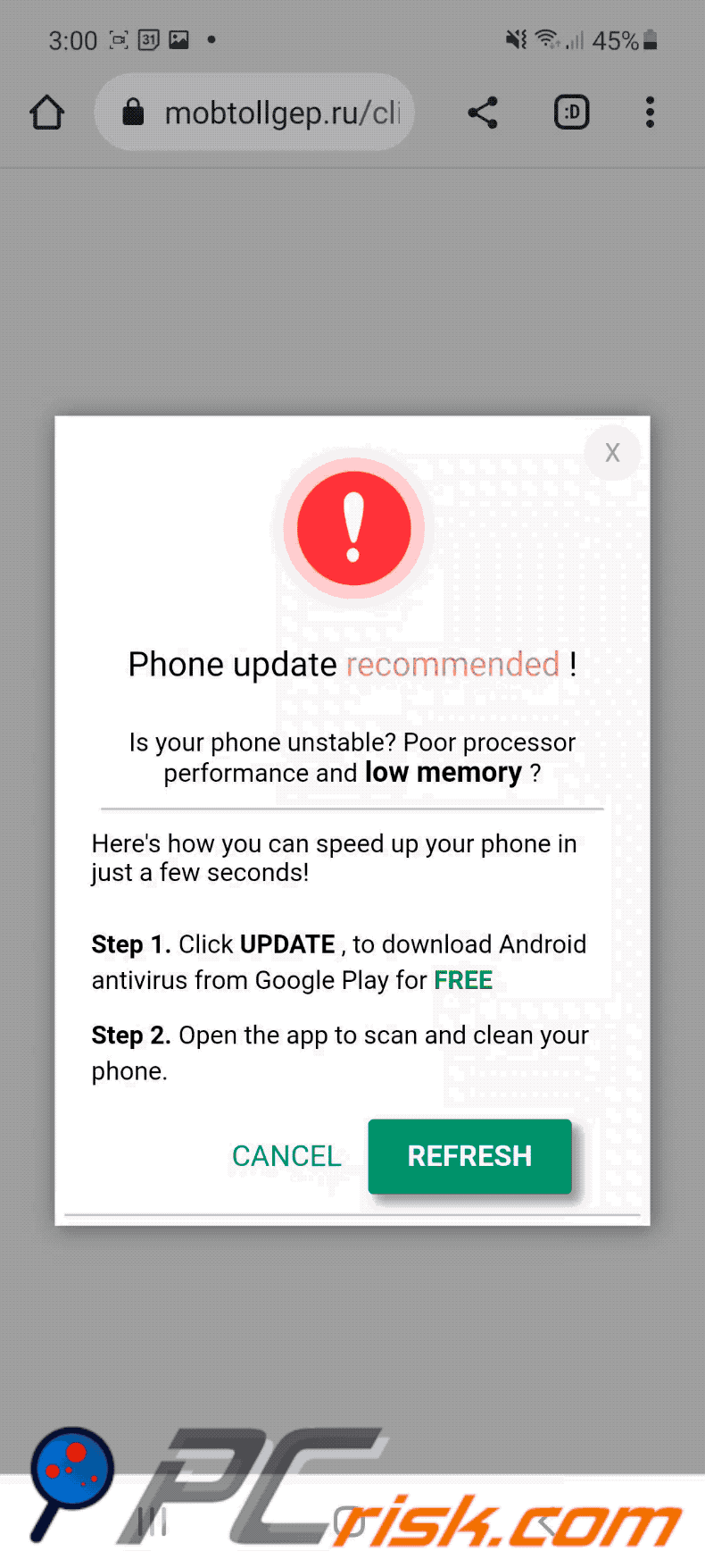 Aspetto di questa variante di truffa Phone Update Recommended Android  (2022-12-22 - GIF)
