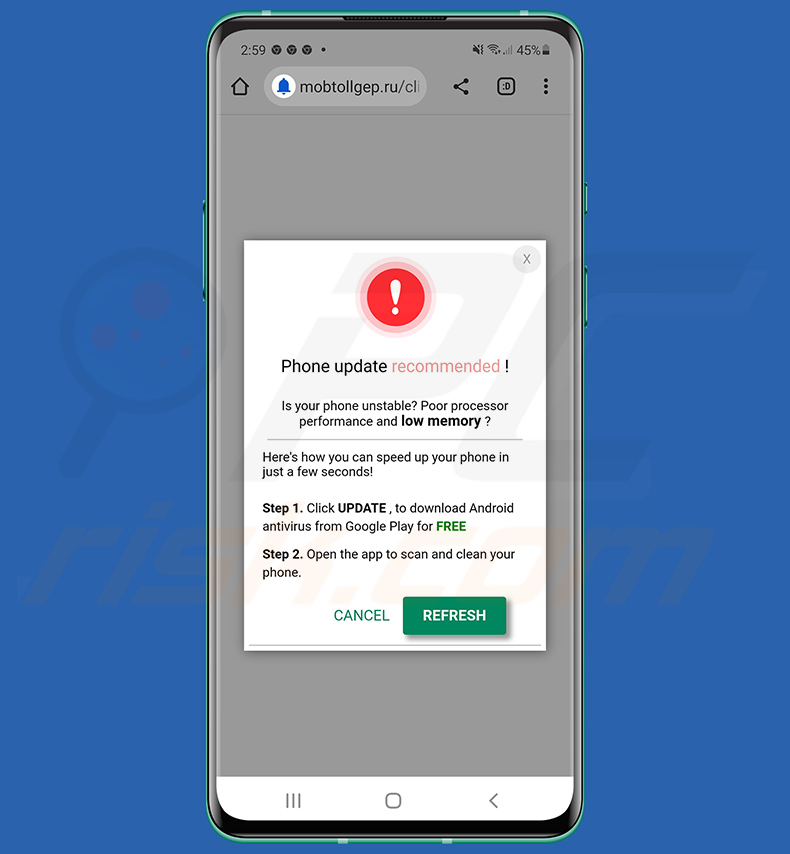 Un altro esempio di sito Web truffa a tema di aggiornamento del telefono che promuove un'app discutibile Phone Update Recommended Android (2022-12-22)