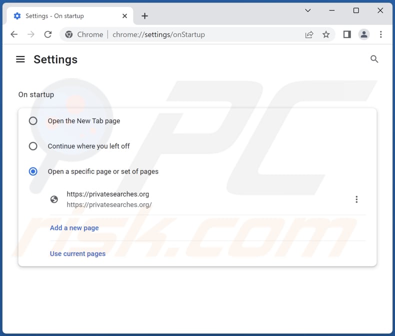 Rimozione di privatesearches.org dalla home page di Google Chrome