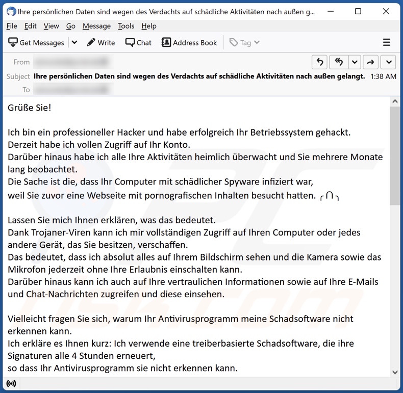 Screenshot della variante tedesca dell'e-mail 