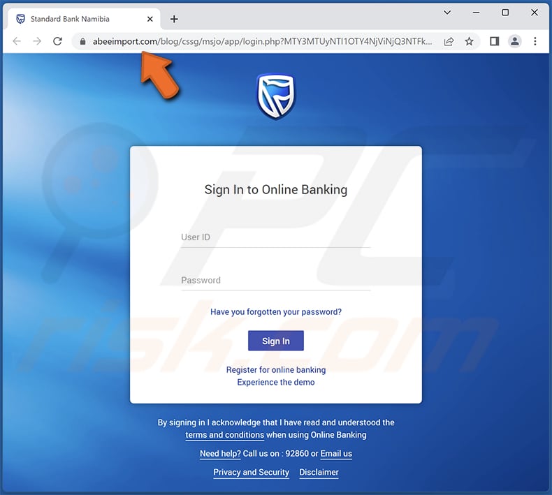 sito Web di phishing di truffe tramite e-mail bancarie standard