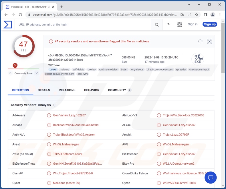 Rilevamenti di malware Truebot su VirusTotal