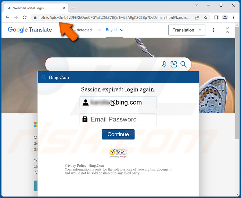 Screenshot del sito di phishing promosso tramite Unusual Sign-in Activity che imita il provider di posta elettronica dell'utente (2022-12-29)