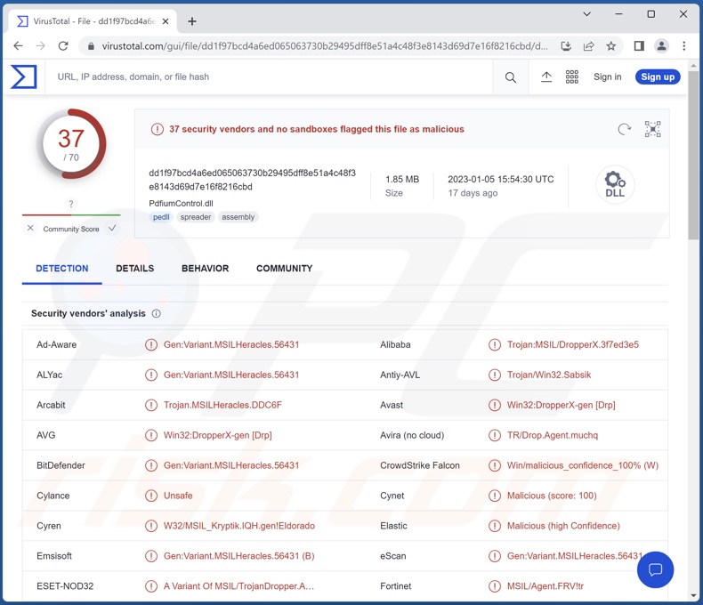 Rilevamenti di malware Album Stealer su VirusTotal