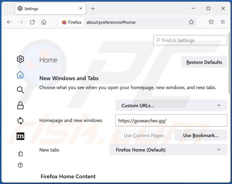 Removing gosearches.gg or goodsearchez.com from Mozilla Firefox homepage