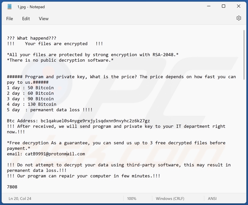 Schermata della richiesta di riscatto di CatB ransomware (inserita in un file crittografato)