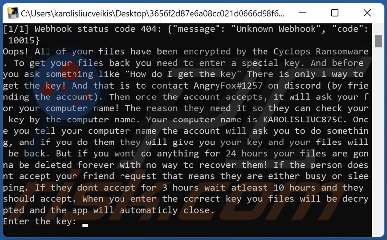 Screenshot della richiesta di riscatto di Cyclops ransomware presentata nel prompt dei comandi (cmd)