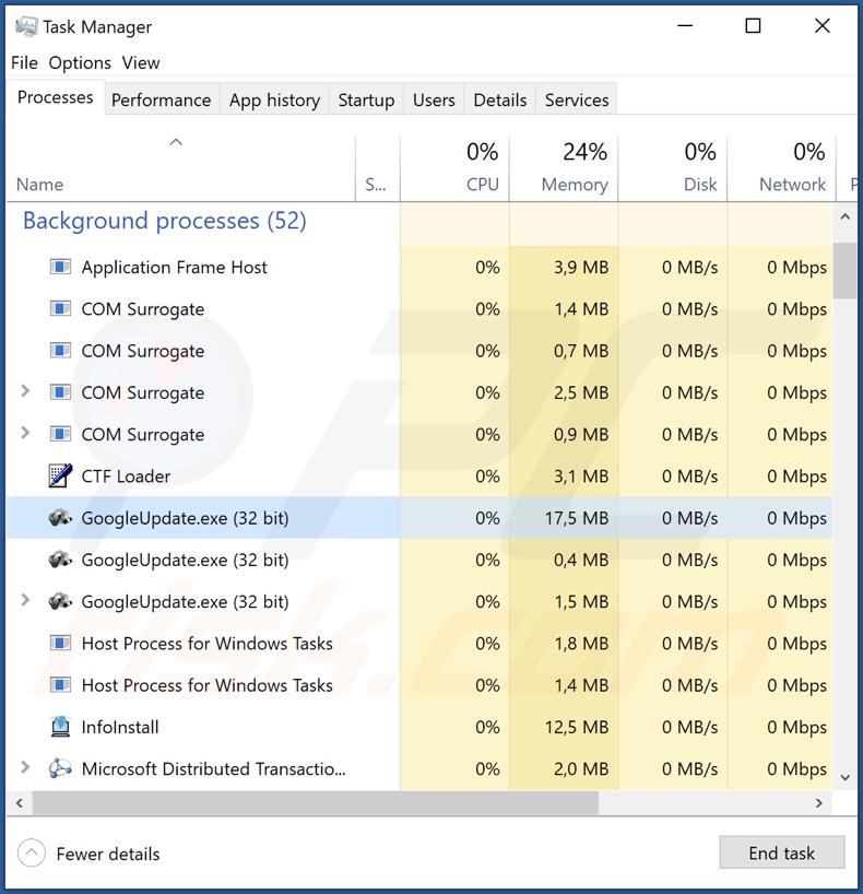Screenshot del processo di GoogleUpdate nel Task Manager di Windows (