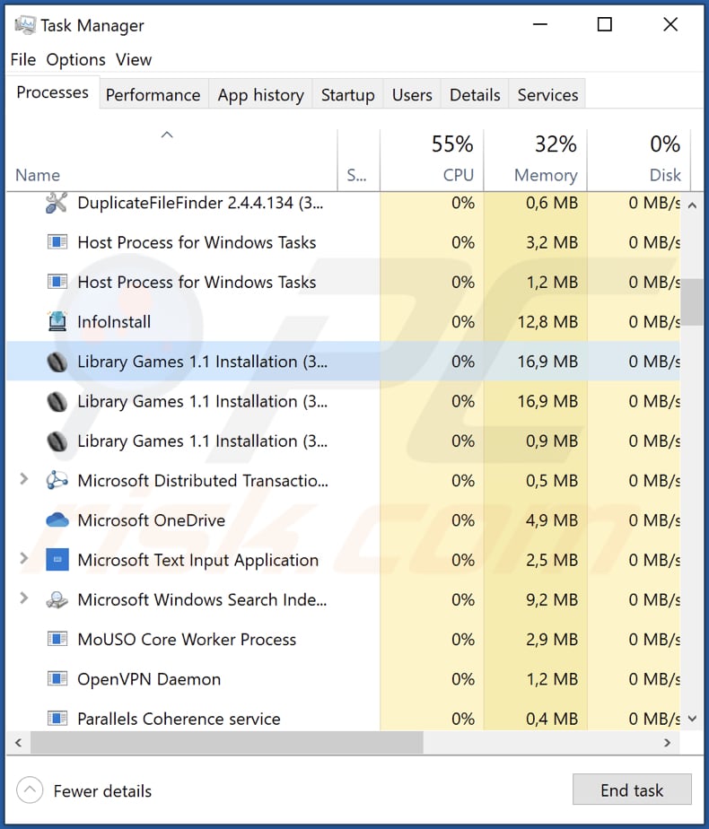 Library Games in esecuzione nel Task Manager come Library Games 1.1