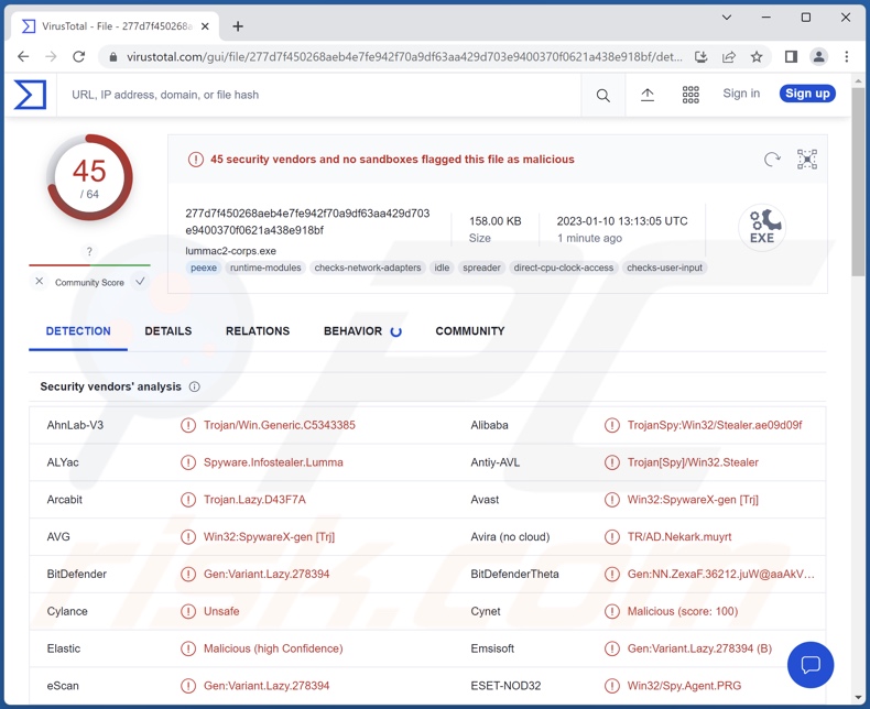 Rilevamenti di malware LummaC2 su VirusTotal