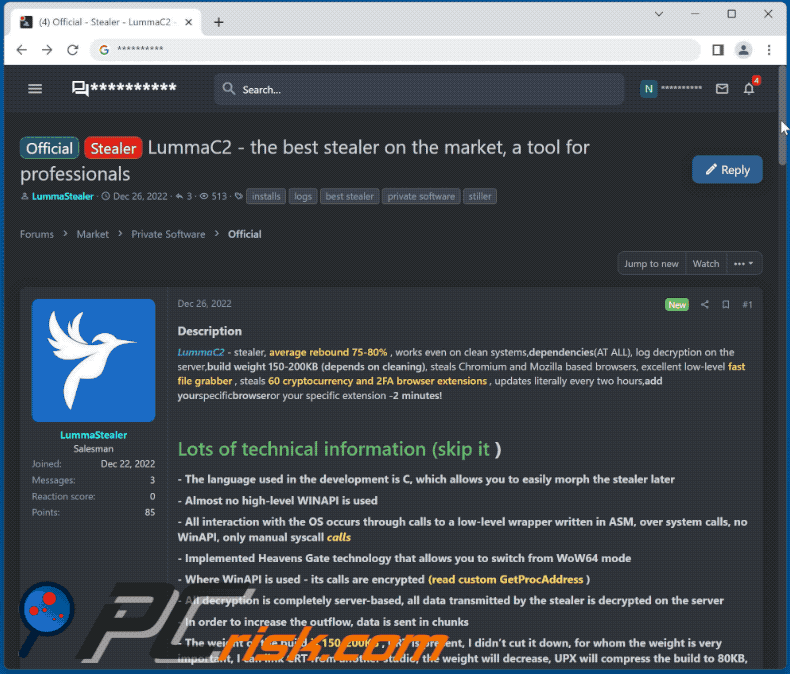 Aspetto dllo stealer LummaC2 promosso sui forum degli hacker (GIF)