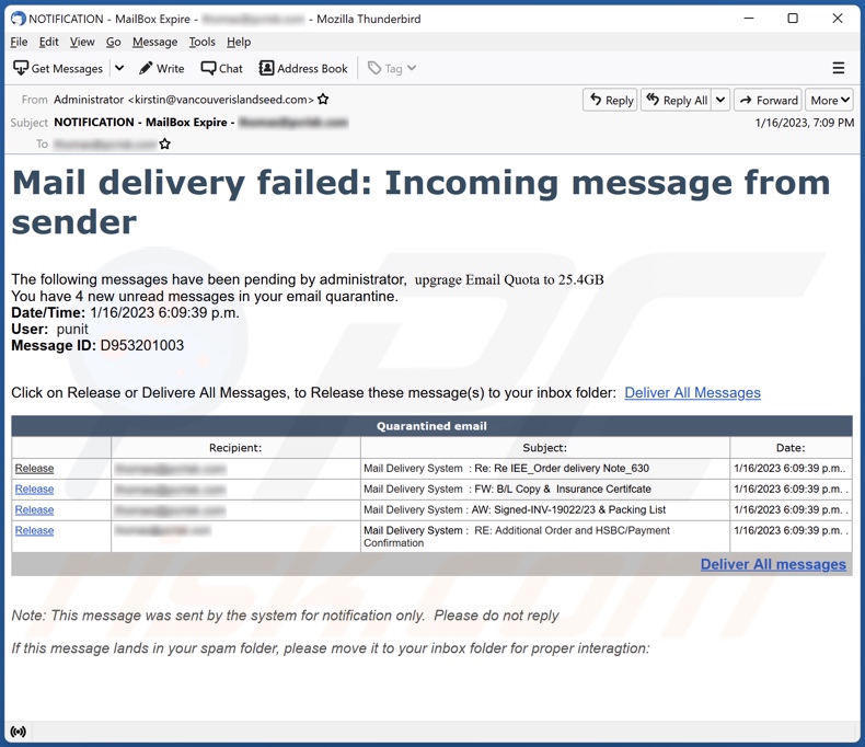 Mail Delivery Failed campagna di spam