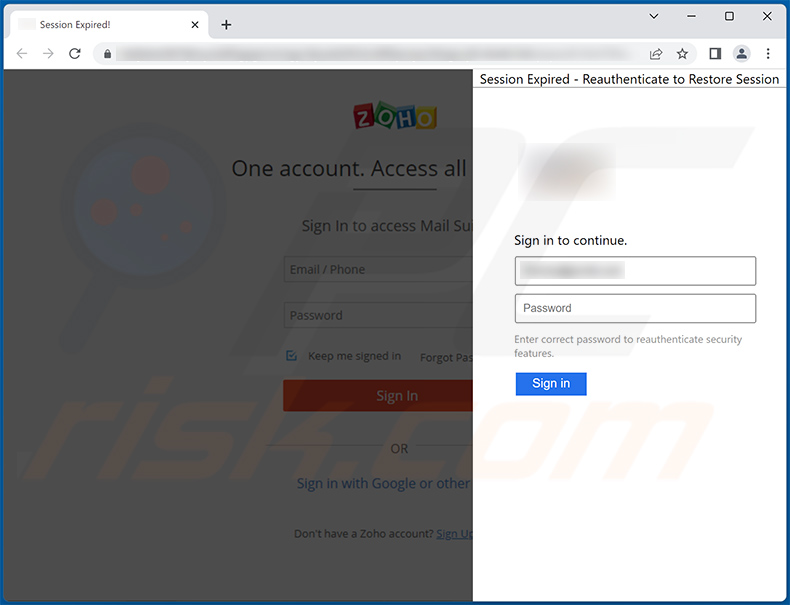 Screenshot di un sito di phishing promosso utilizzando la campagna di spam 