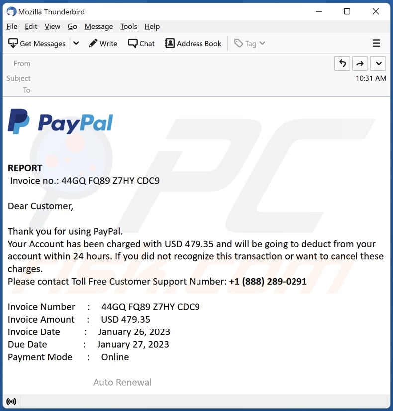 PayPal Account Has Been Charged email truffa