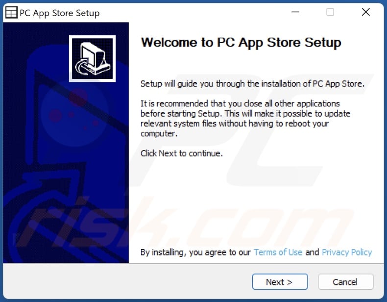 Screenshot della configurazione dell'installazione dell'adware per PC App Store